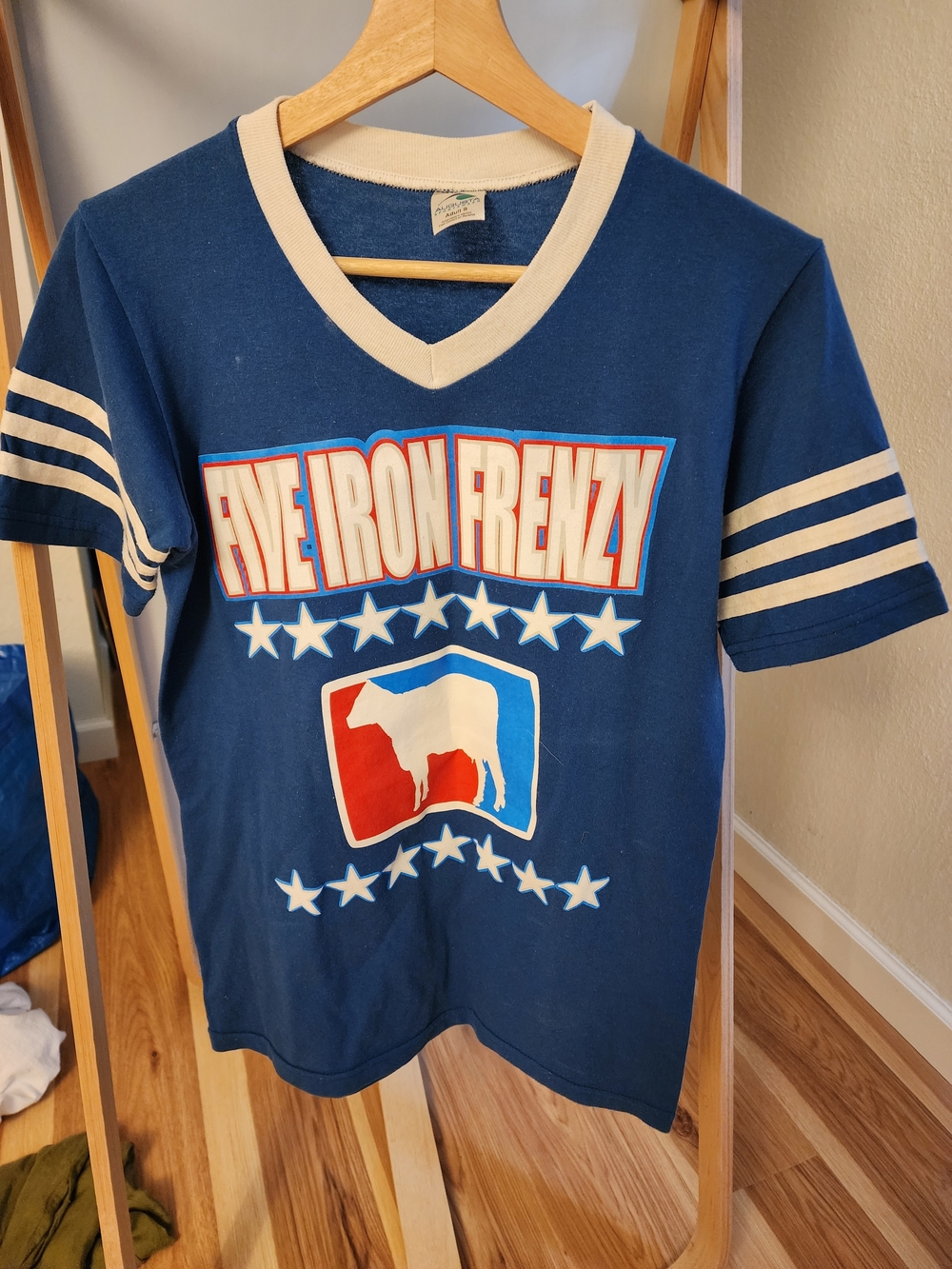 Five Iron Frenzy Navy Blue Graphic V‑Neck Tee with Cream Trim